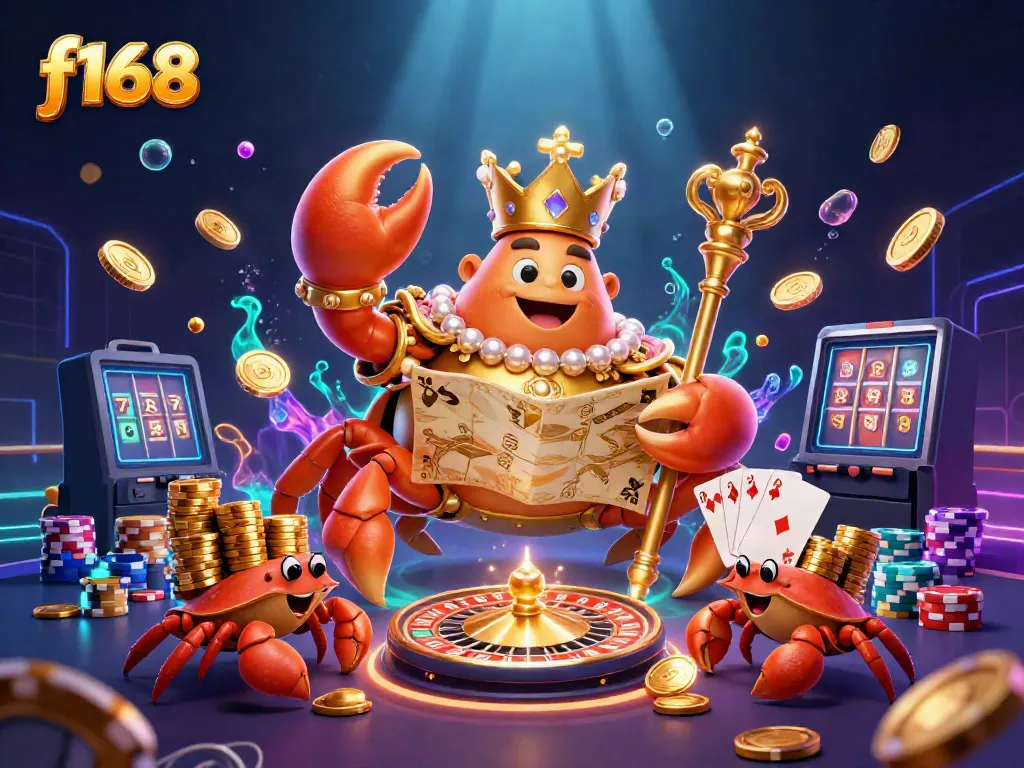 Experience exhilarating jackpots with F168's vibrant 3D casino scene featuring a golden crab emperor.