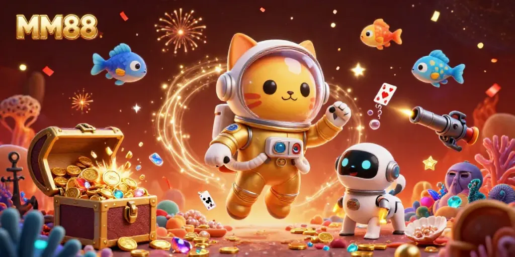 Experience the thrill of MM88 with a cat astronaut and robot dog in a vibrant casino galaxy