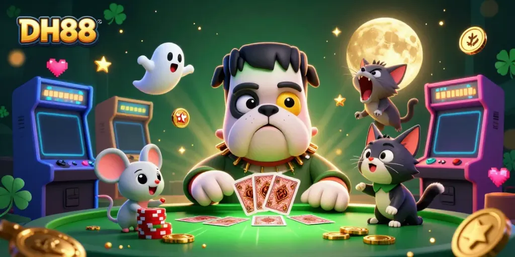 Engage in thrilling card games at DH88 with a lively spooky casino atmosphere.