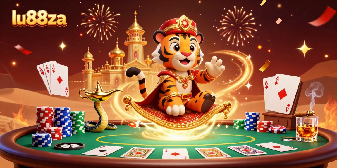 Engage in exciting games at lu88za with a vibrant 3D casino atmosphere filled with poker elements and colorful characters.