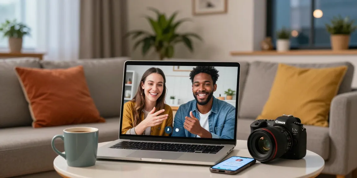 Couple enjoying a video date on F168 platform in a cozy living room setting.