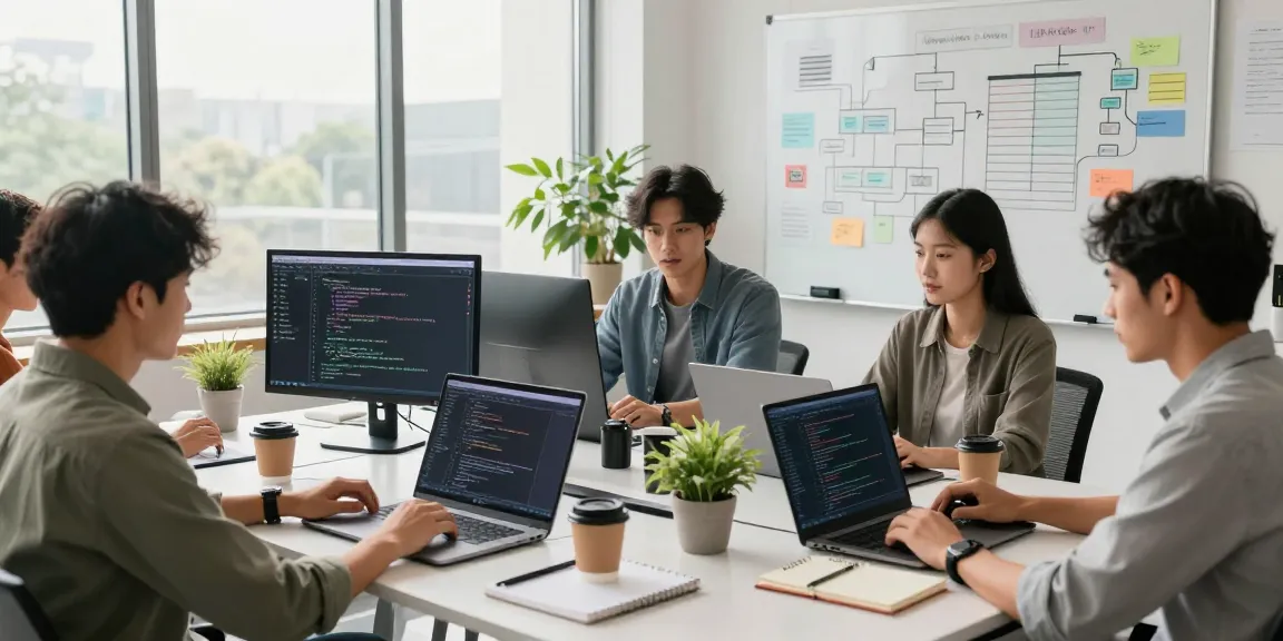 Build internal tools with AI, professionals coding collaboratively in a modern workspace filled with tech tools and creative energy.