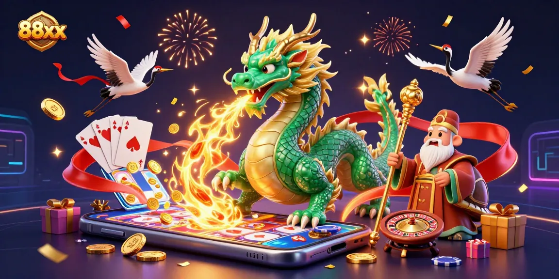 Play thrilling casino games at 88xx with a vibrant scene of dragons, turtles, and festive elements.
