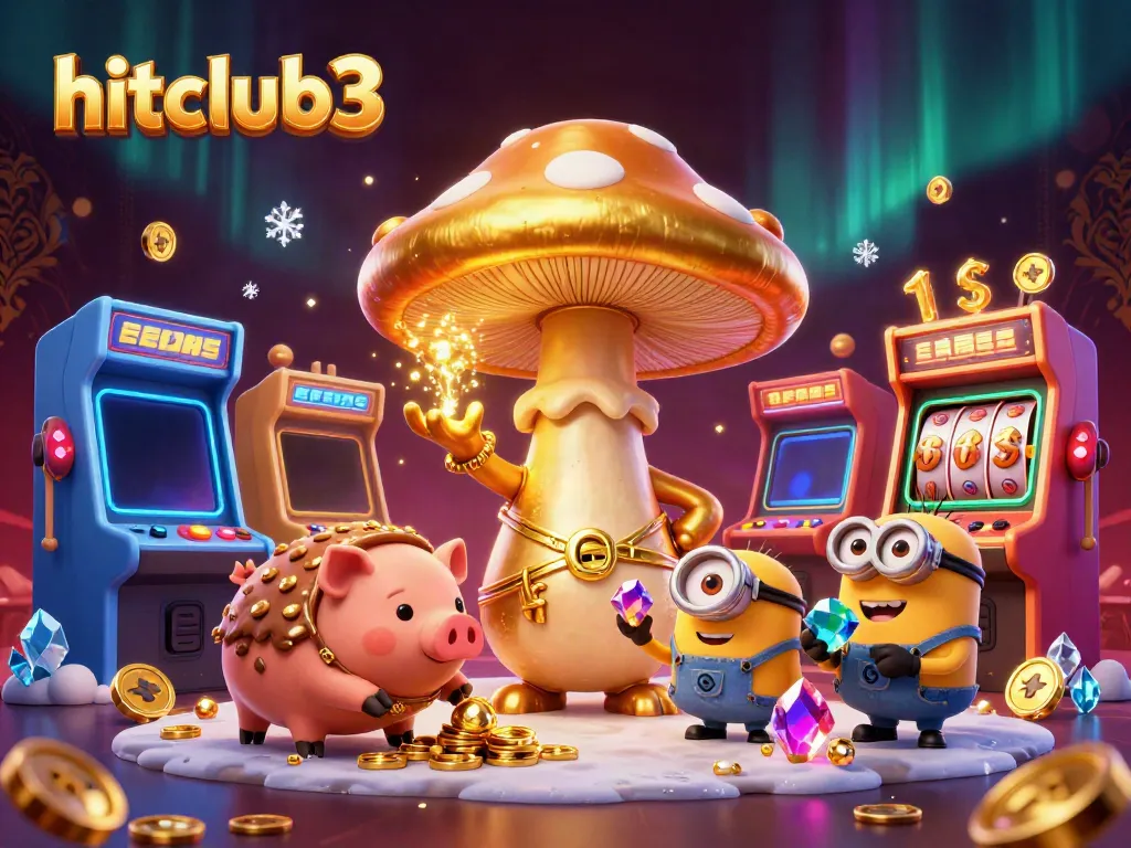 Experience the magic of hitclub3 with a golden mushroom wizard and gaming treasures in a vibrant casino scene.