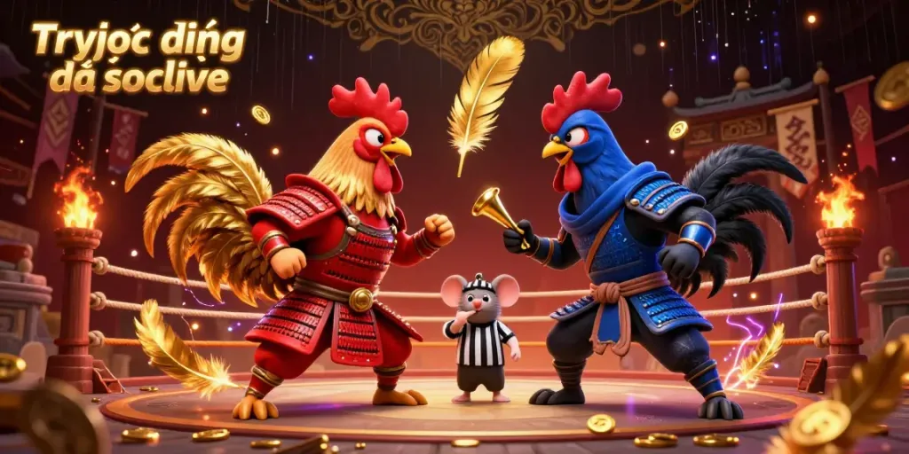 Stream live soccer with Trực tiếp bóng đá socolive during an intense rooster battle in vibrant 3D.