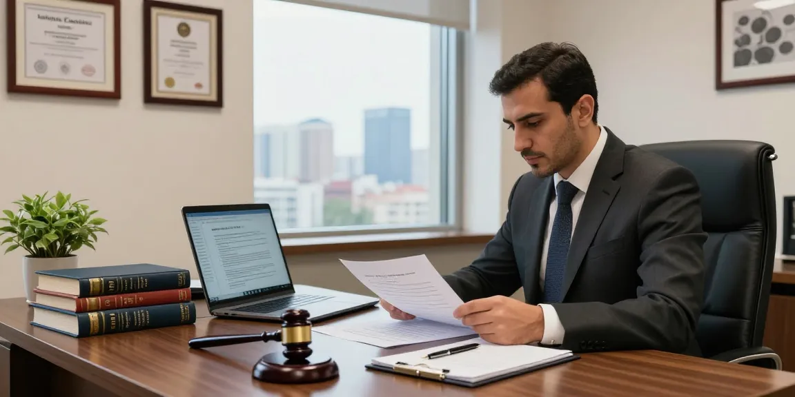 Turkish lawyer reviewing case documents in a professional office setting.