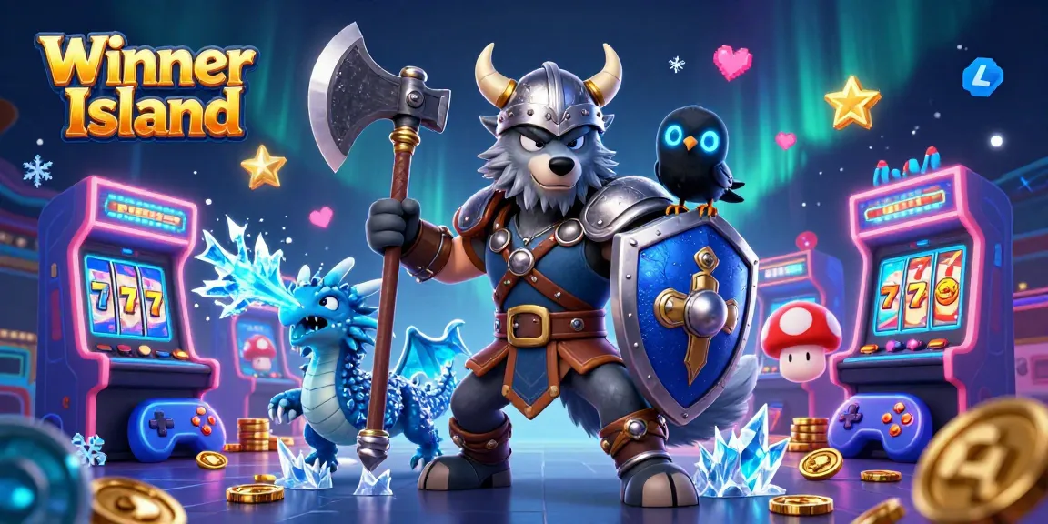 Embark on a thrilling adventure at Winner Island, featuring vibrant slot machines and a Viking warrior.