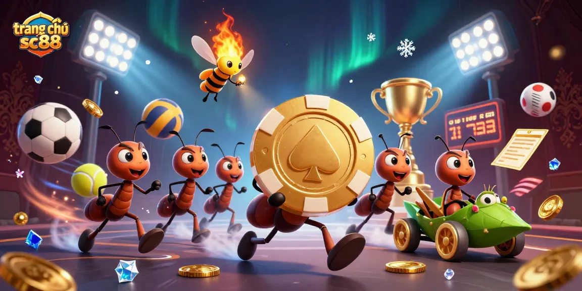 Enhance your gameplay at trang chủ sc88 with engaging visuals of ants' heist for a colorful golden poker chip.