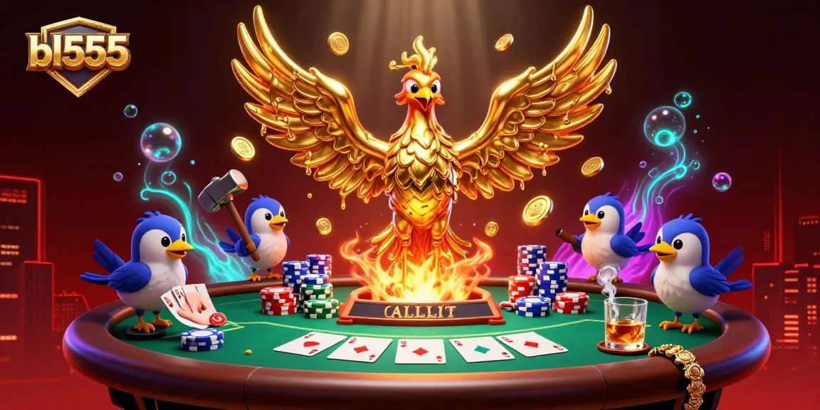 Experience the vibrant energy of bl555's casino world with a molten phoenix and poker elements.