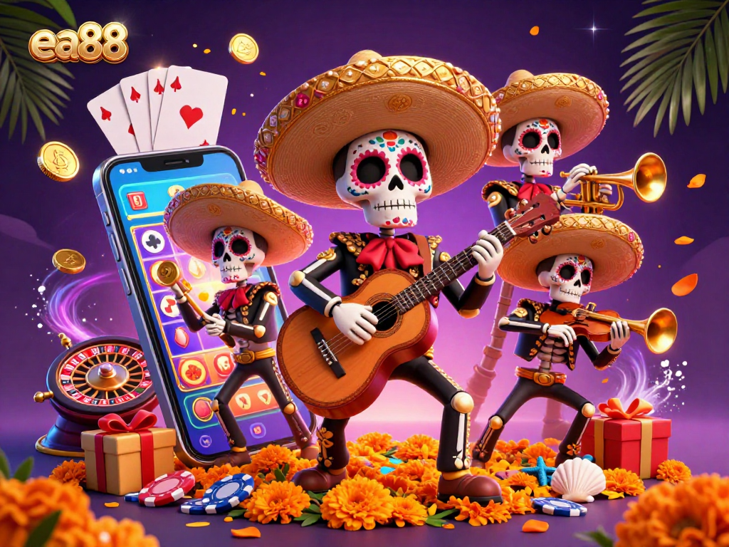 Get lucky with ea88's vibrant Day of the Dead casino scene featuring colorful games and rich decorations.