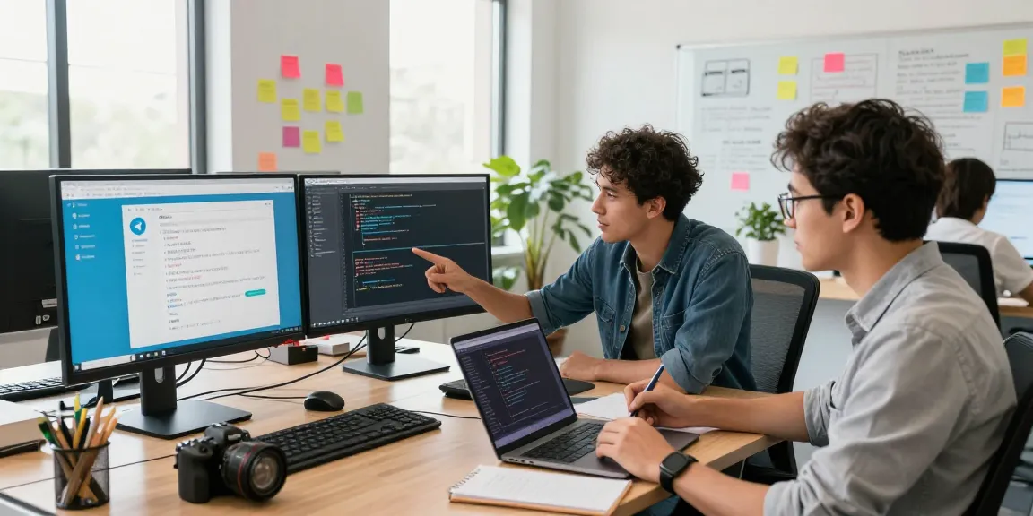 Developers configuring Telegram中文 settings in a modern tech workspace.