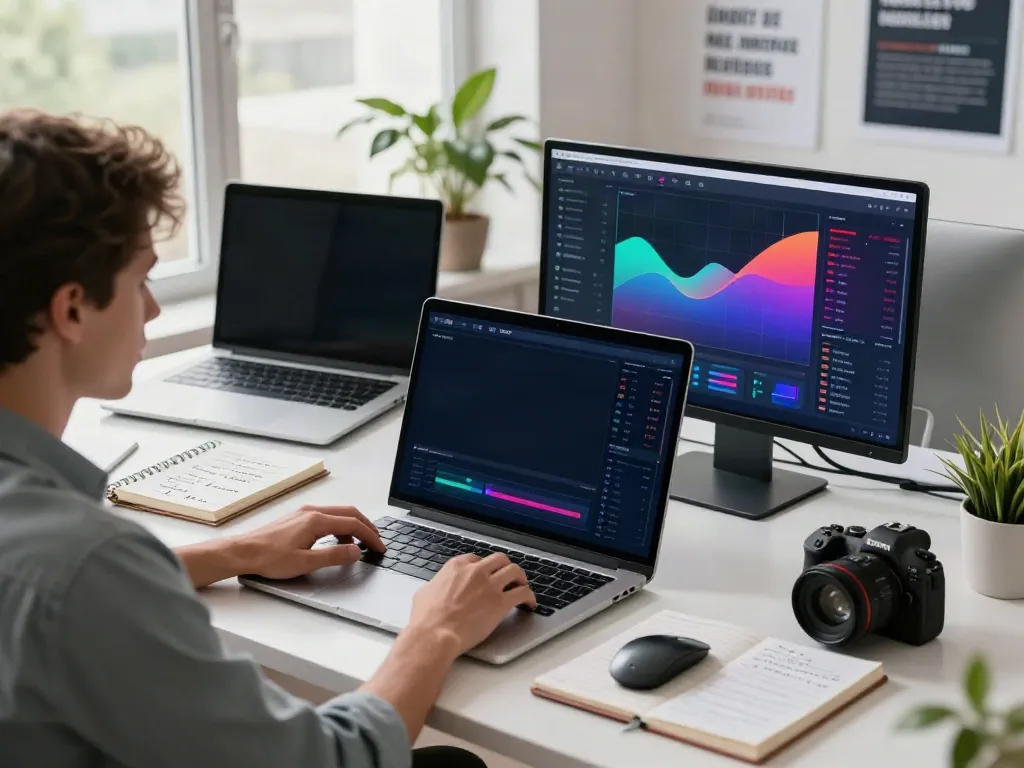 Data analyst using an AI rank tracker in a modern marketing office