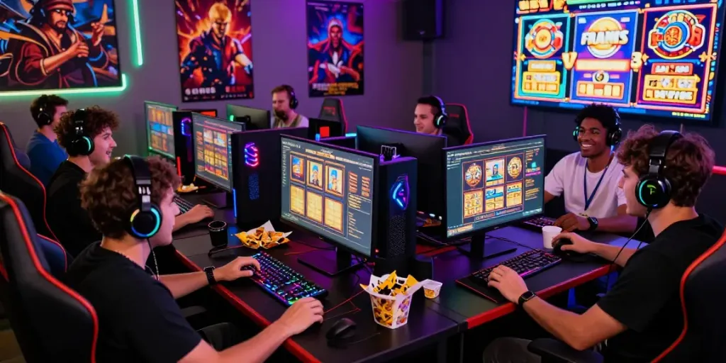 Para pemain terlibat dalam sesi permainan slot gacor online, dikelilingi oleh perlengkapan gaming canggih dan suasana ceria.