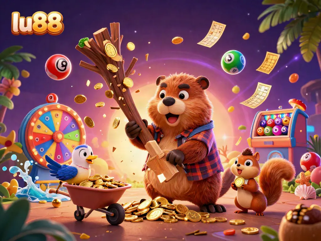 Experience thrilling gaming with LU88 as a beaver collects coins amidst a vibrant casino scene.