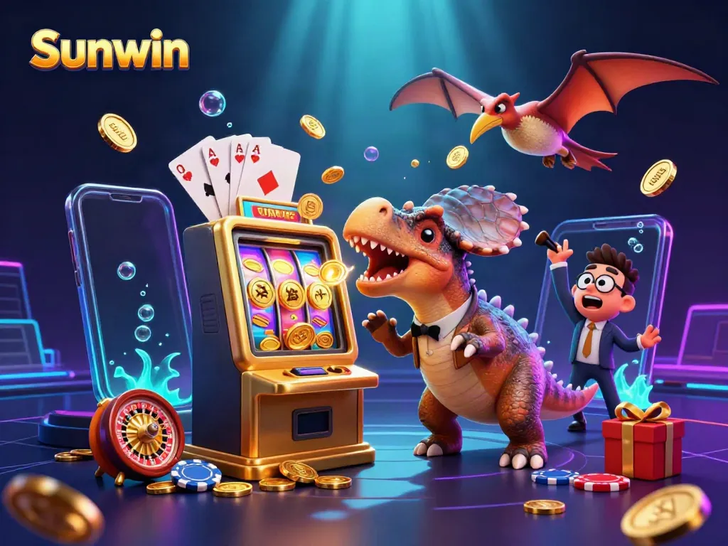Sunwin's exciting casino scene featuring playful dinosaur characters celebrating jackpots and gameplay.