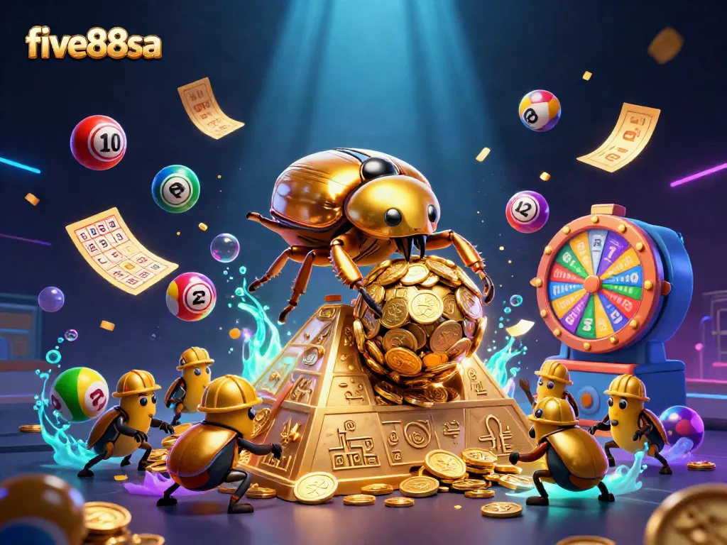 Breeze through excitement with five88sa's vibrant lottery scene, showcasing dynamic balls and golden prizes.