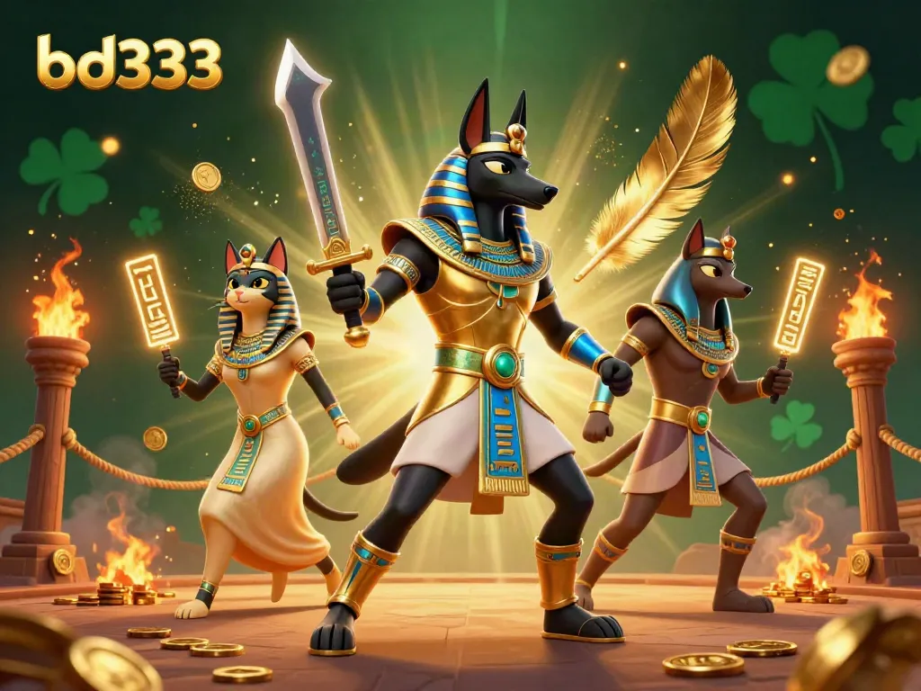 Engage with an exciting bd333 gaming scene featuring Anubis and Bastet amidst glowing hieroglyphs and gold coins.