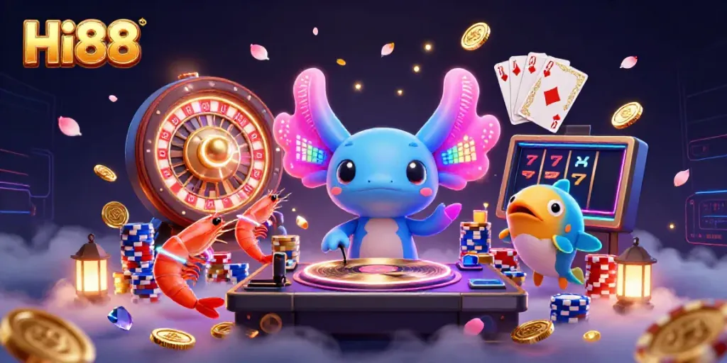 Engaging the excitement of Hi88 with vibrant characters amidst dynamic casino elements.