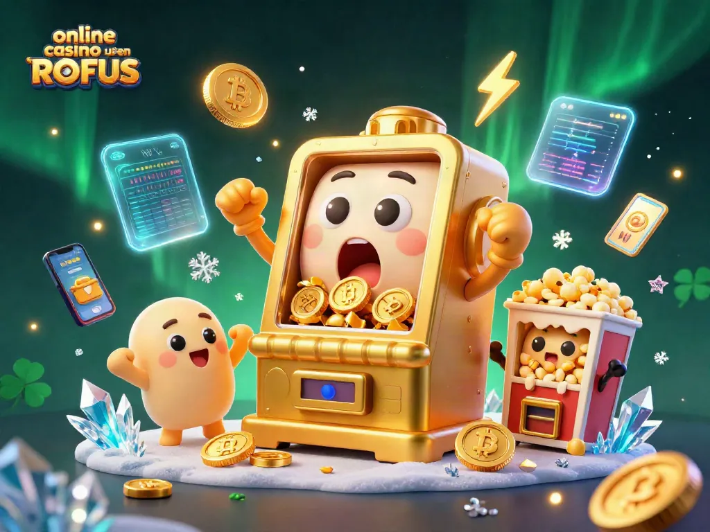 Experience the thrill of online casino uden ROFUS with a joyful golden slot machine hitting a jackpot amidst vibrant coins and elements.
