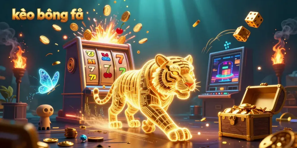 Experience kèo bóng đá in an electrifying gaming scene with a golden tiger and vibrant slot machine.