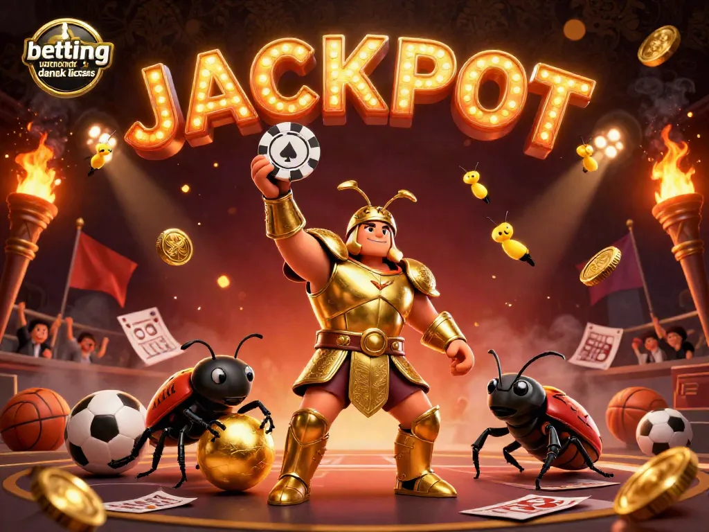 Betting uden dansk licens represented by a victorious beetle in armor lifting poker chip with dynamic sports betting elements.