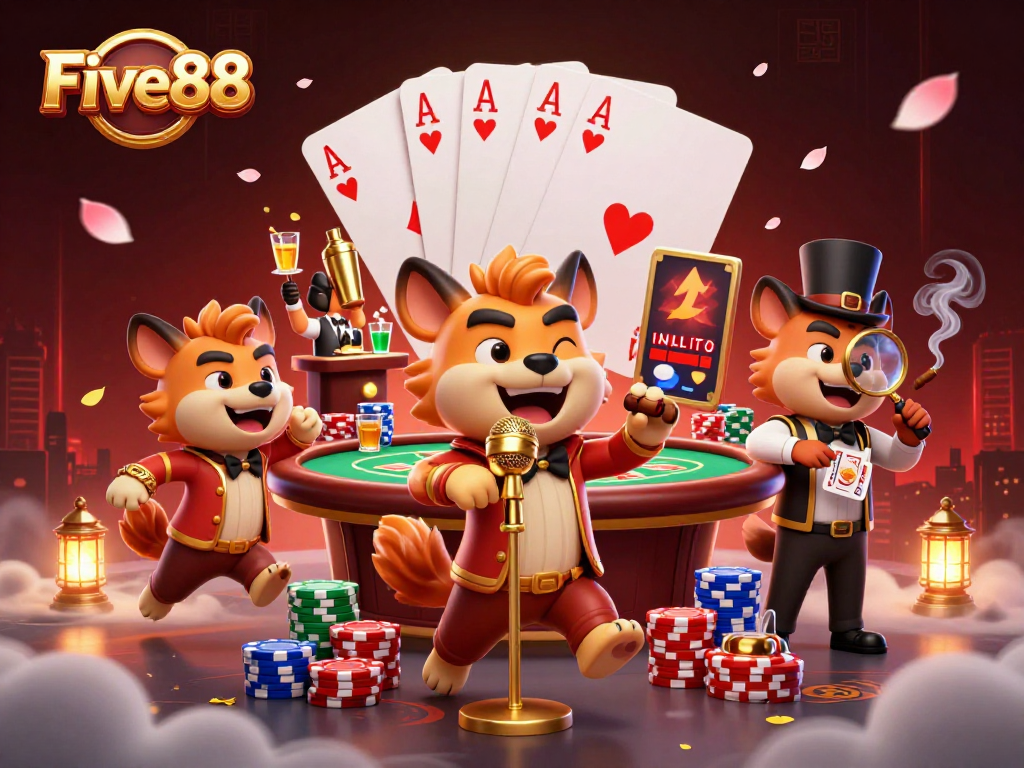 Experience thrilling gaming at Five88 in a vibrant comedy casino scene with hyenas and poker action.