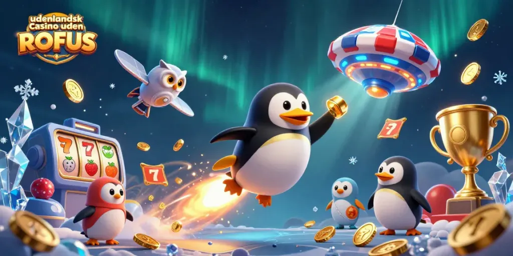 Engage with udenlandsk casino uden ROFUS featuring a golden penguin and a casino space station.