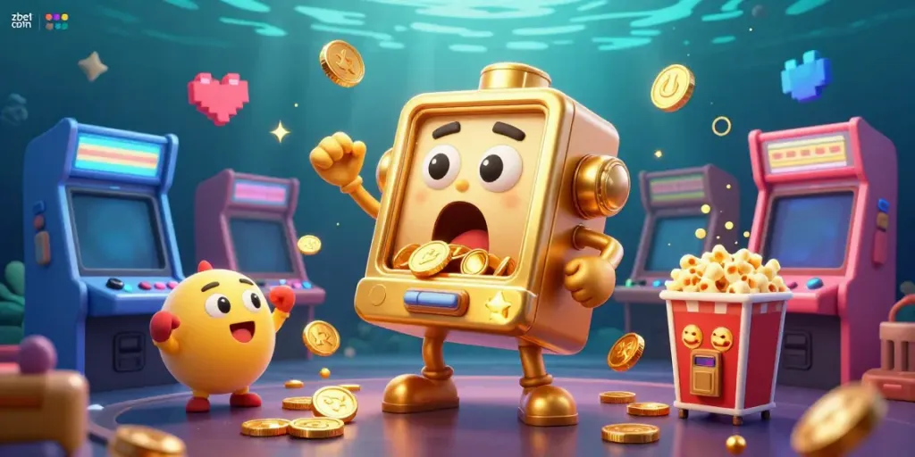 Experience the excitement at zbet com with a cartoon golden slot machine hitting a jackpot.