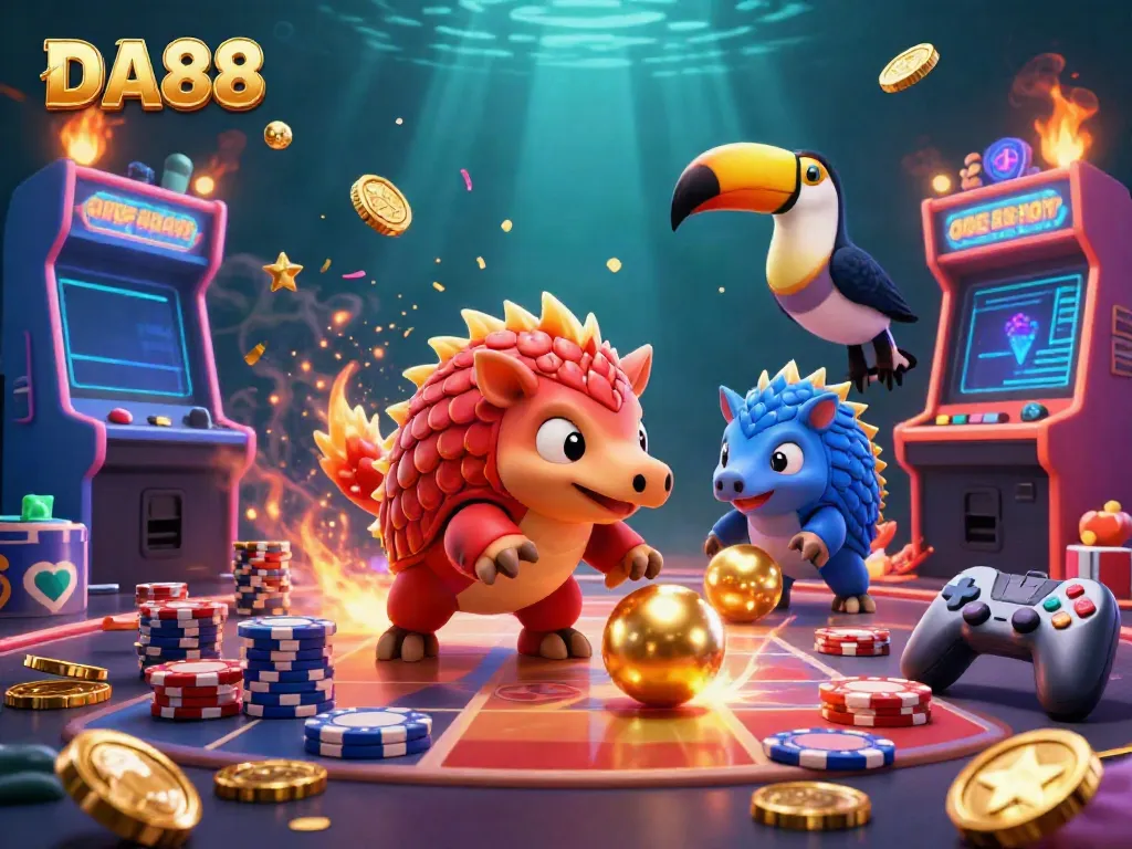 Engage in DA88 casino excitement with 3D pangolins in a golden poker chip showdown, vibrant arcade elements.