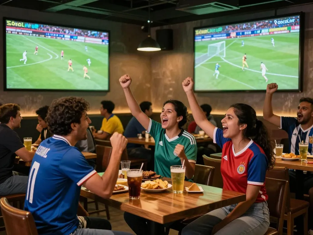 Socolive trực tiếp action as fans cheer at a sports bar watching soccer, creating a thrilling atmosphere.