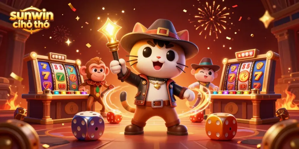 Engage in thrilling gameplay at sunwin chính chủ with a vibrant scene featuring a cat explorer and casino treasures.