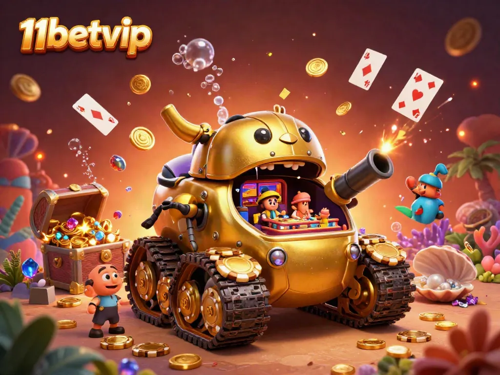 Experience the vibrant casino action at 11betvip with a charming cartoon scene featuring a golden beetle tank revealing a mini casino inside.