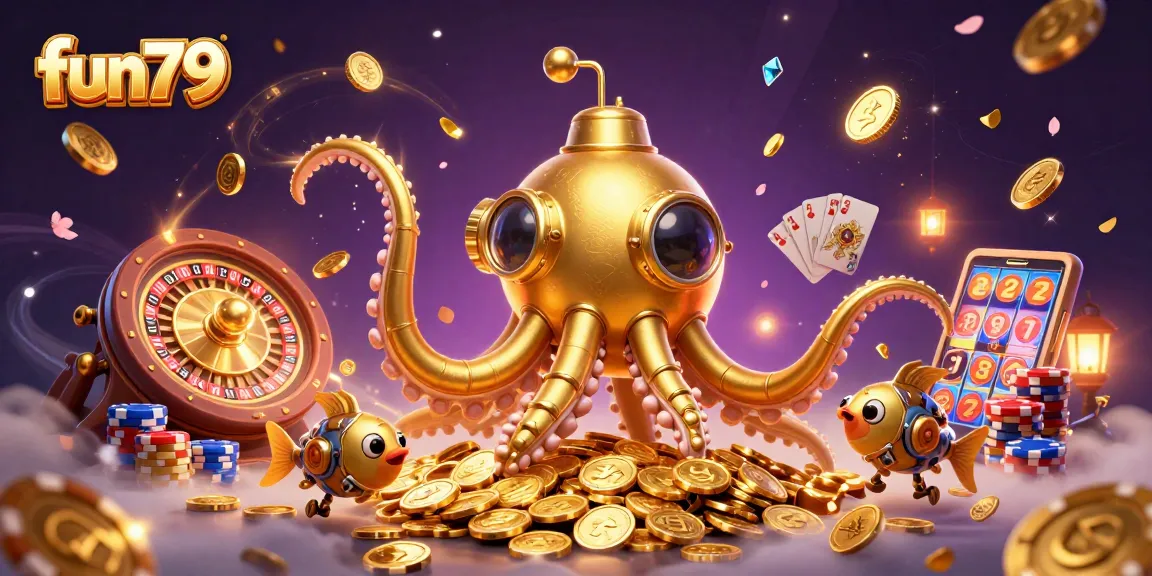 Experience thrilling fun79 action with a golden kraken submarine amidst golden coins and vibrant gambling elements.