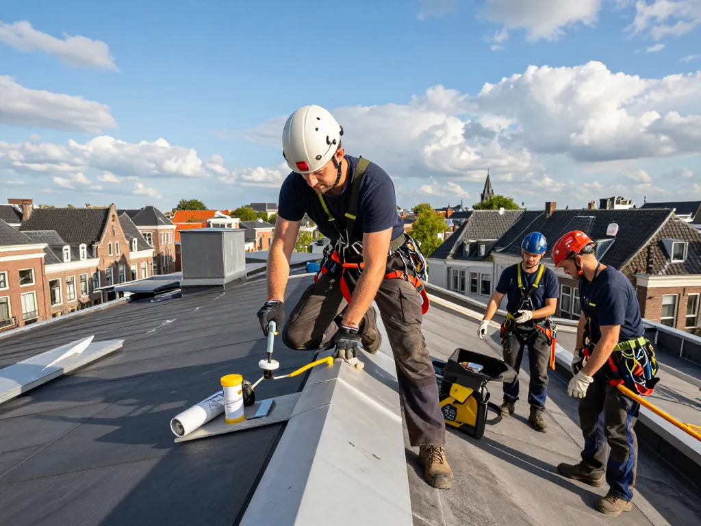 Expert dakreparaties op een vlakke oppervlakte door vakkundige professionals in Den Haag op https://www.de-kraaij.com/daklekkage-den-haag, die teamwork en toewijding tonen.