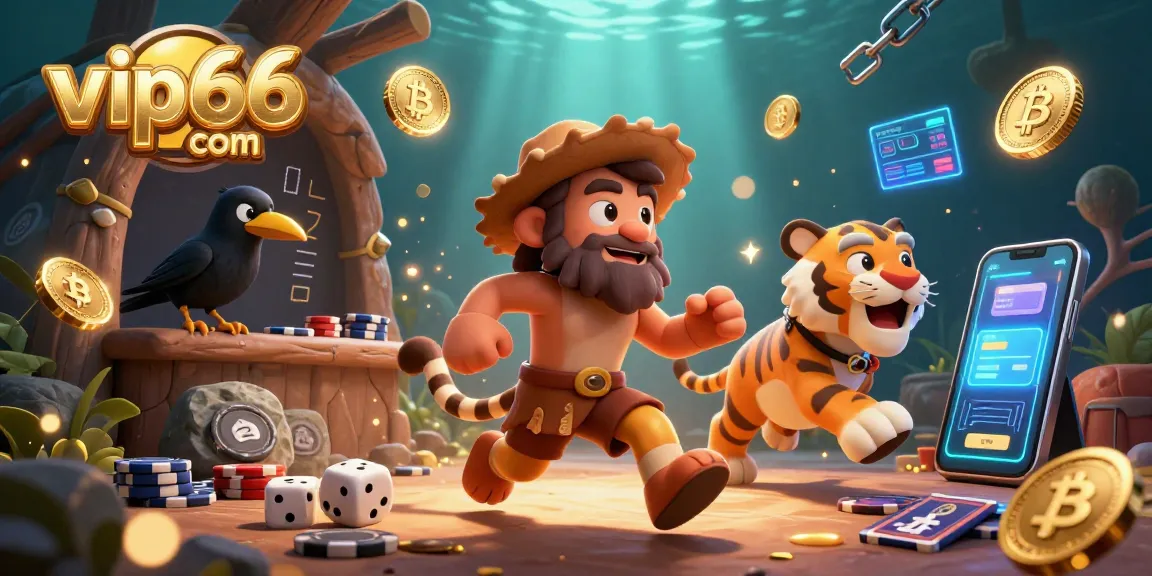 Experience the thrill of vip66 com with a prehistoric casino setup featuring 3D characters and crypto elements.