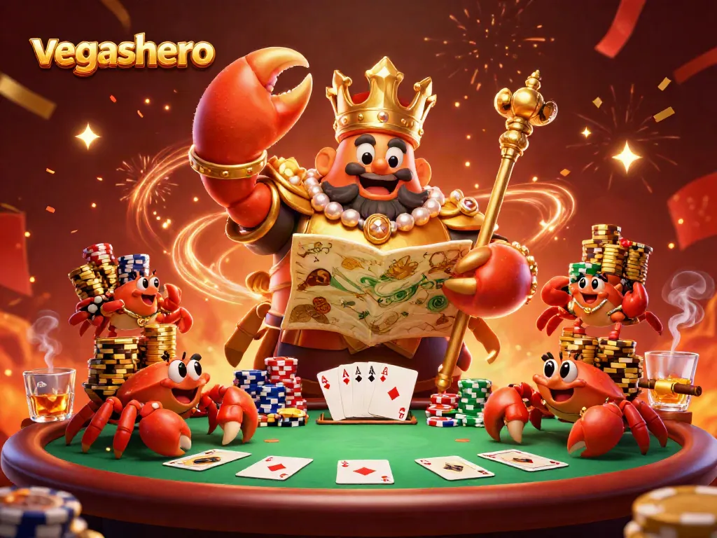 Play at vegashero's dynamic casino scene with a golden crab emperor amongst poker elements.