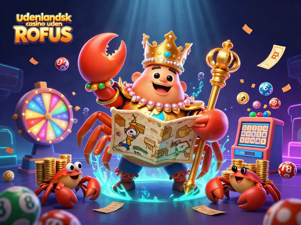 Engage with udenlandsk casino uden ROFUS through a vibrant, immersive 3D scene of a golden crab emperor ruling a casino world.