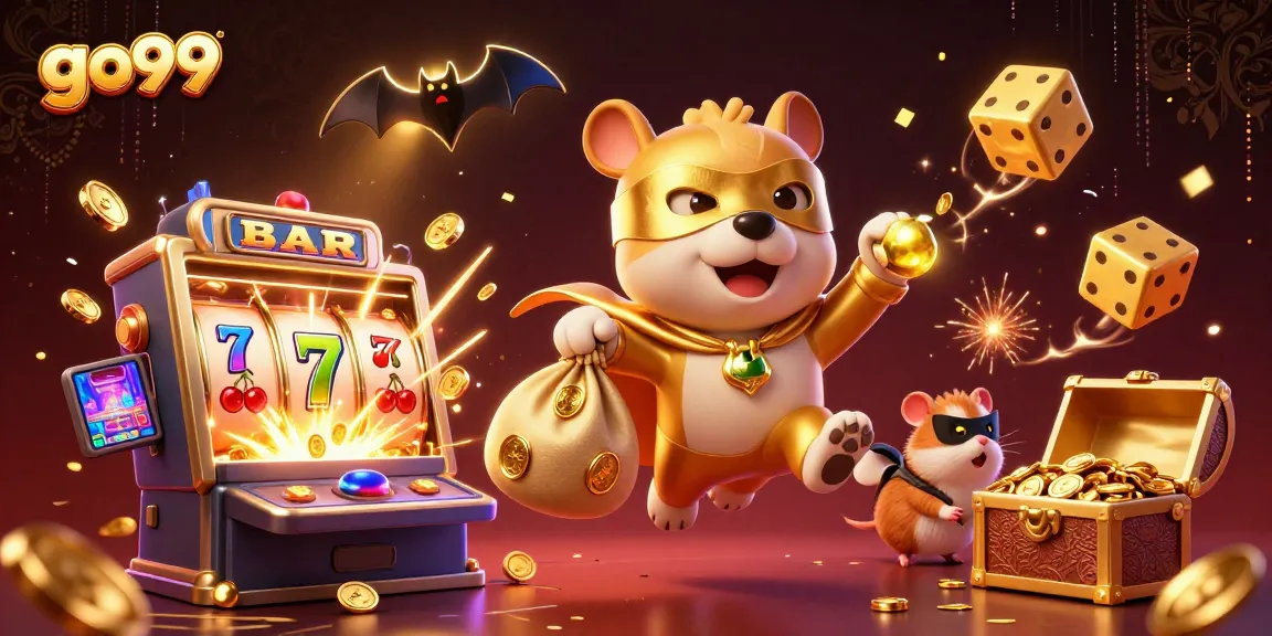Win big with go99 in this dynamic illustration featuring a superhero dog and casino elements.
