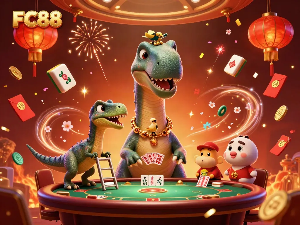 Experience thrilling gameplay at FC88 with a towering brontosaurus overseeing a lively casino scene.