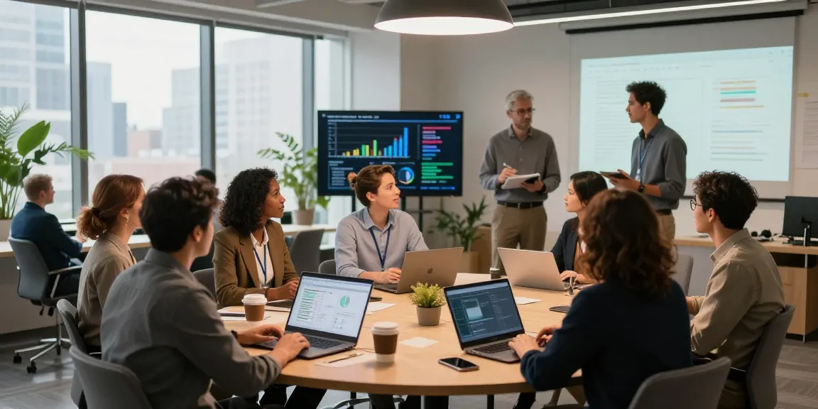 Professional networking scene focused on Hier vernetzen with diverse team collaborating in modern office.