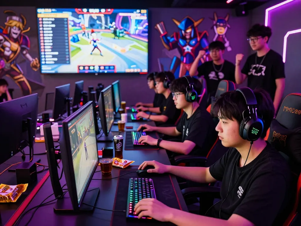 Competitive players at MM88 gaming lounge, showcasing an electrifying atmosphere with vibrant RGB lighting and advanced gaming setups.