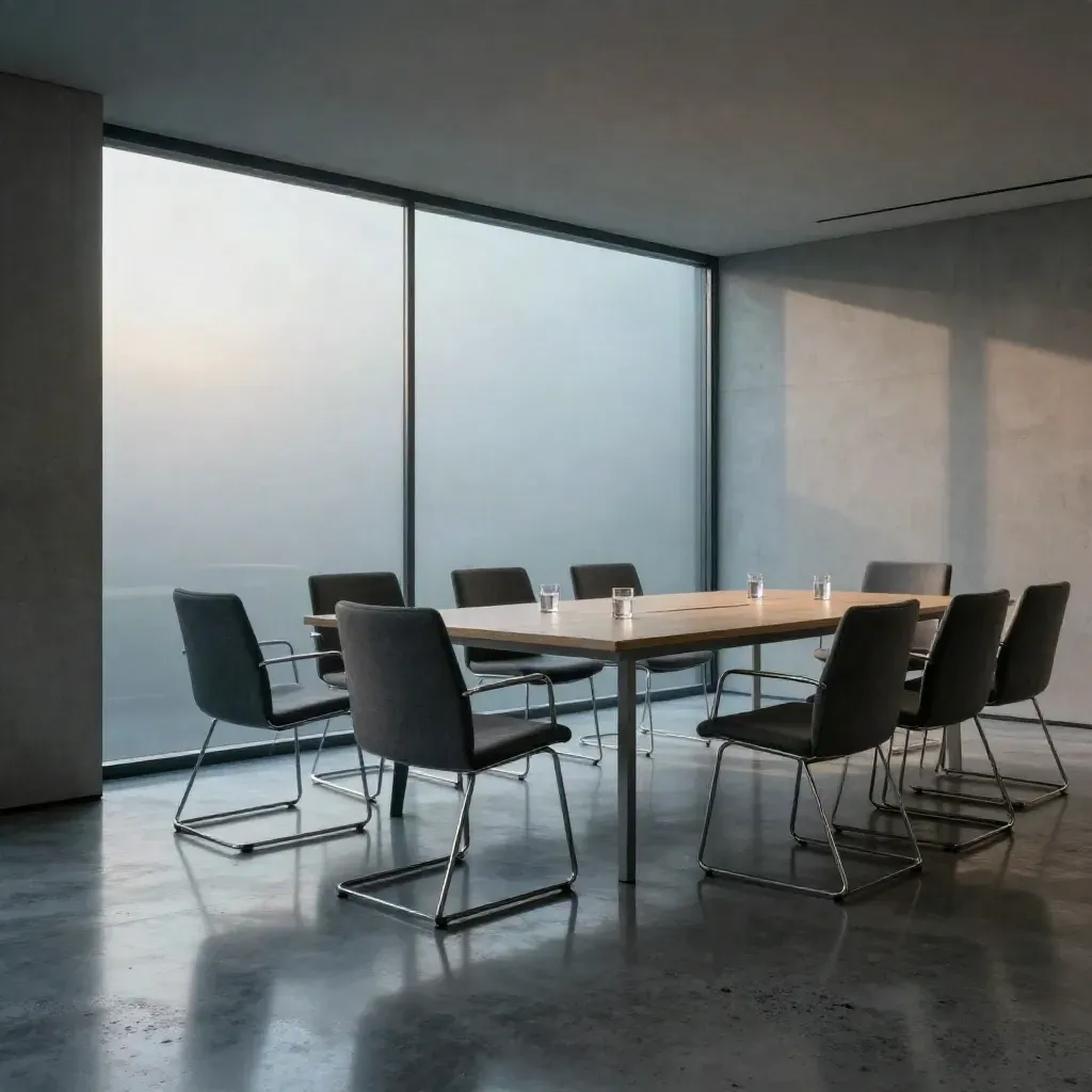 Lege vergaderruimte met rechte stoelen, glazen wand en glanzende vloer na sluitingstijd.