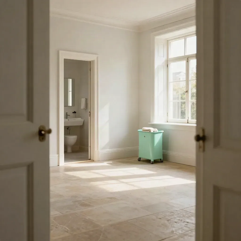 Leeg appartement met schoon wit interieur, zonlicht over de vloer en badkamer op de achtergrond.