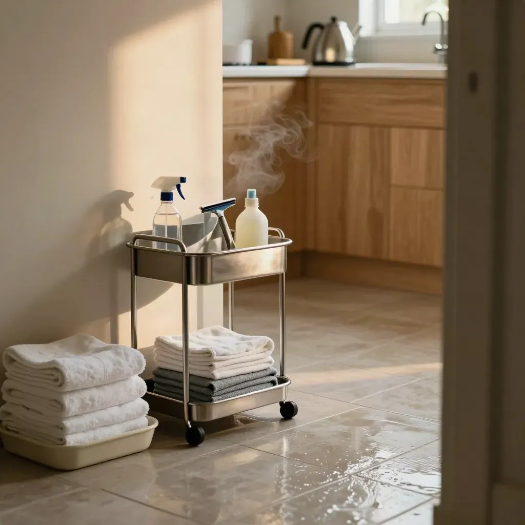 Schoonmaakcaddy, opgevouwen handdoeken en glanzende tegelvloer tussen badkamer en keuken.