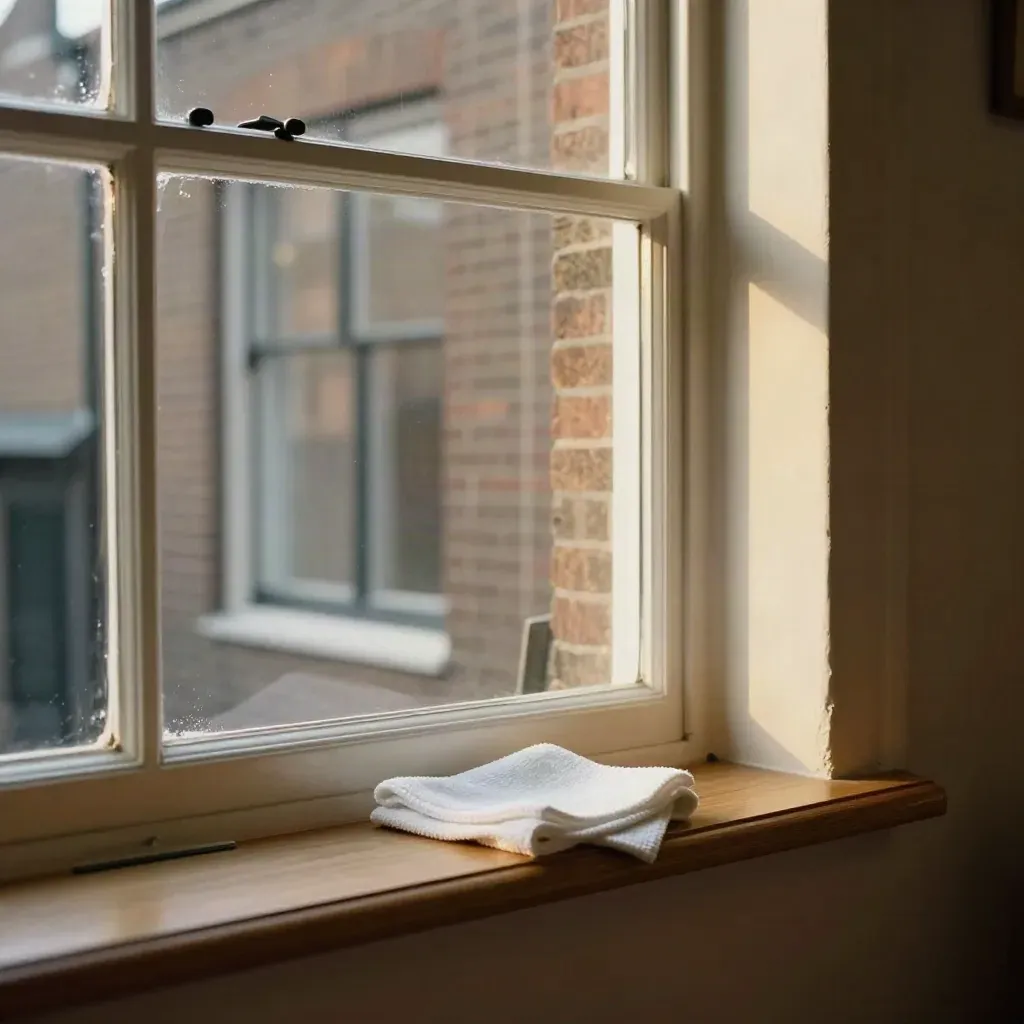 Streeploze interieurramen met baksteenreflectie, wit kozijn en warm middaglicht.