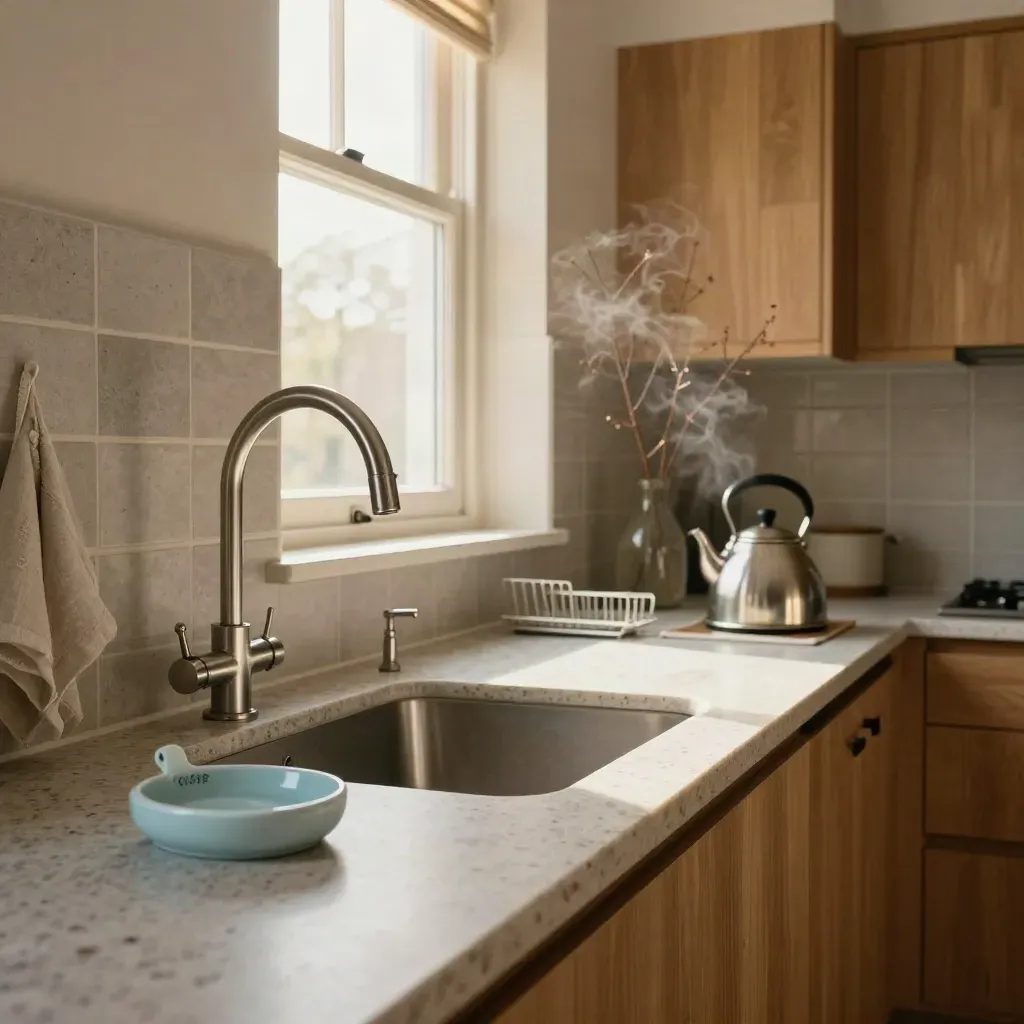 Keuken in Haarlem, schoon werkblad, droge voegen en een vaas takken bij zacht licht.