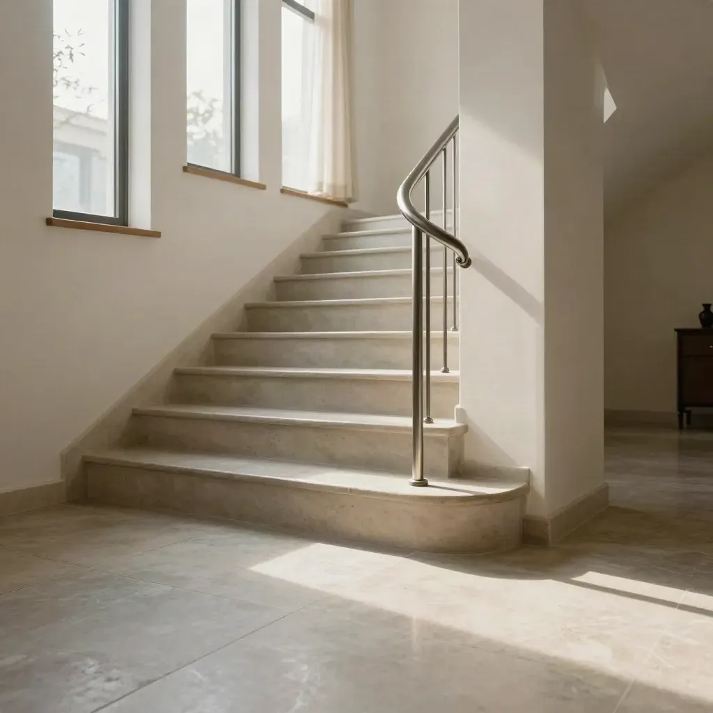Lage blik op een schoon trappenhuis met licht op een stenen vloer en heldere bovenramen.