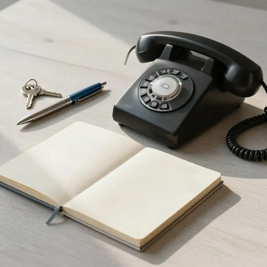 Zwarte telefoon, blanco notitieboek, pen en sleutelring op licht hout