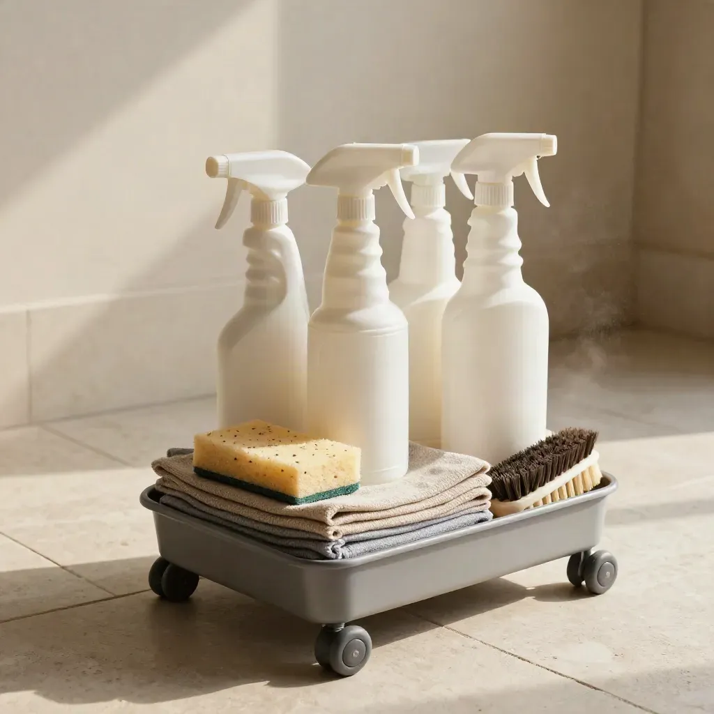 Schoonmaakcaddy met sprays, doeken, spons en borstel op lichte tegels met mist.