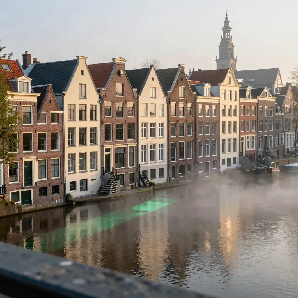 Mistige Amsterdamse grachtenhuizen met kerktoren boven stil water en een rustige kade.